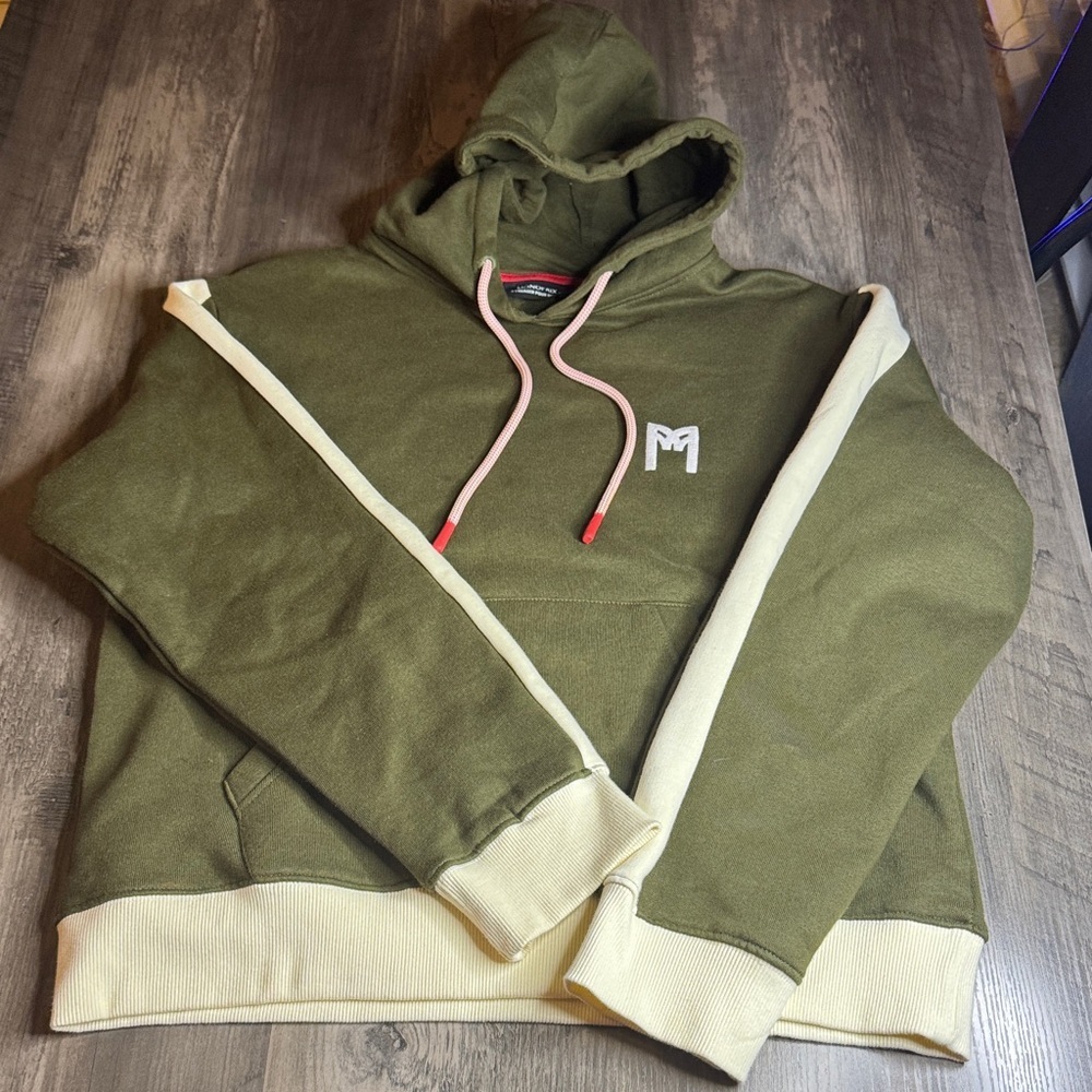 Monoprix Olive Green Hoodie with Pink Trim - Size M